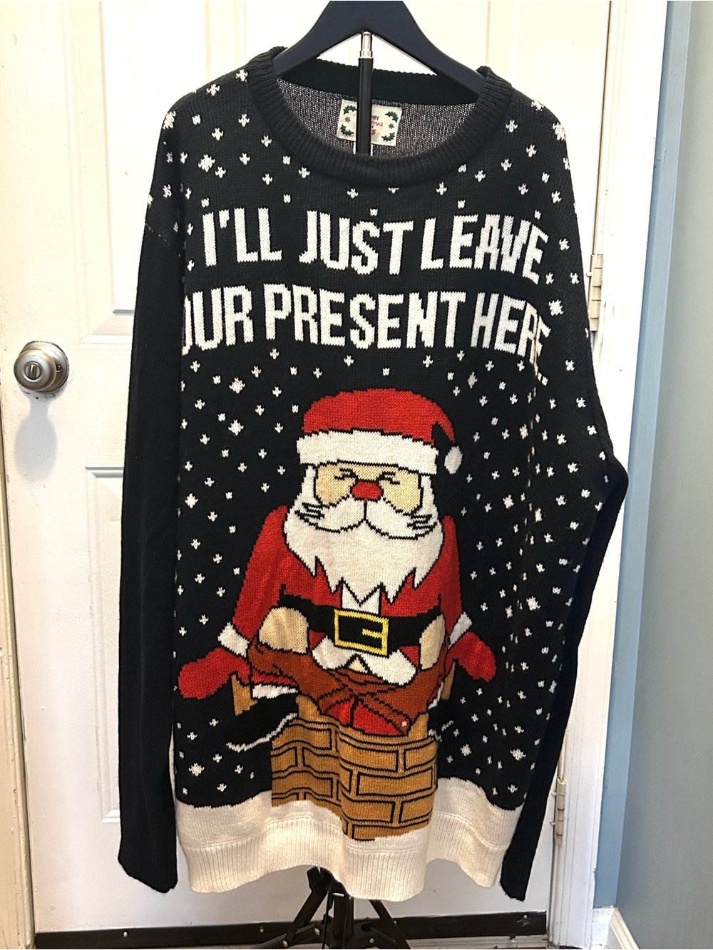 Christmas Sweater Mens 3XL Black Knit Crew Neck Pullover Santa Christmas Graphic